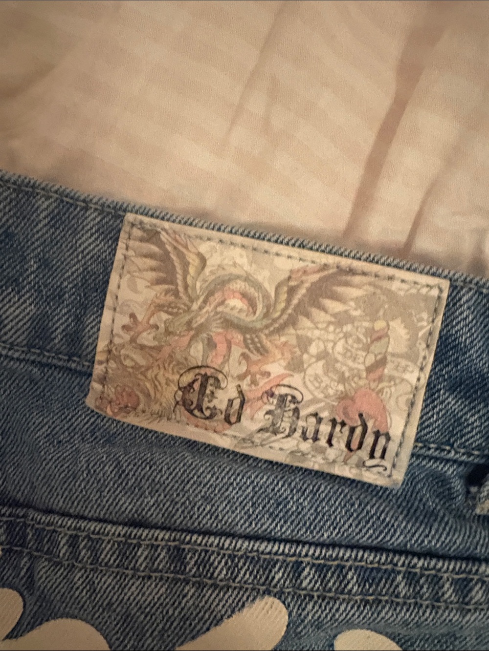Ed Hardy Blue Denim Shorts with White Logo and Colorful Patch - Picture 2 of 6